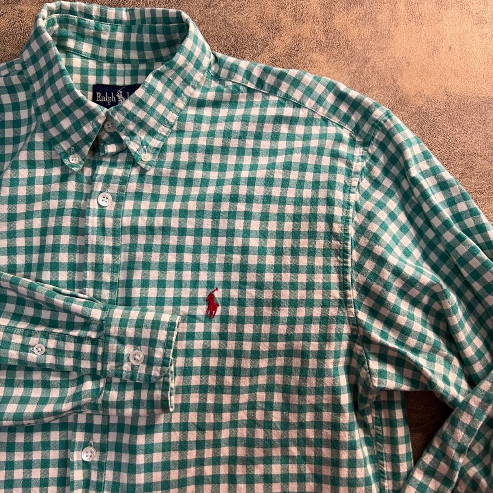 Ralph Lauren Shirt Mens 10 Small Green Gingham Hand Woven Madras Pony Logo
